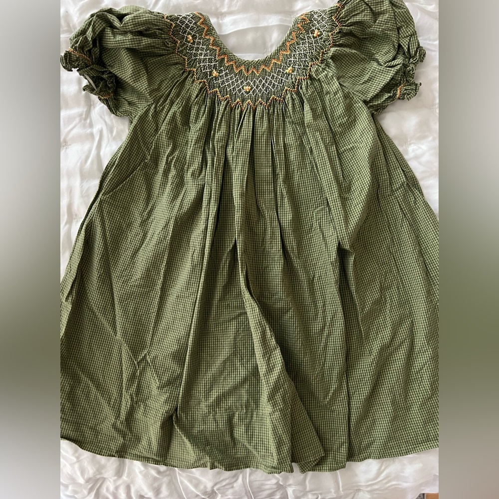 Petit Ami Green Checkered Dress with Smocking